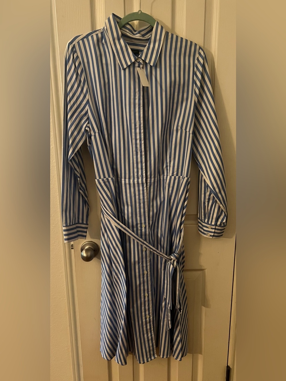 Talbots Blue and White Striped Shirt Dress with Tie Waist